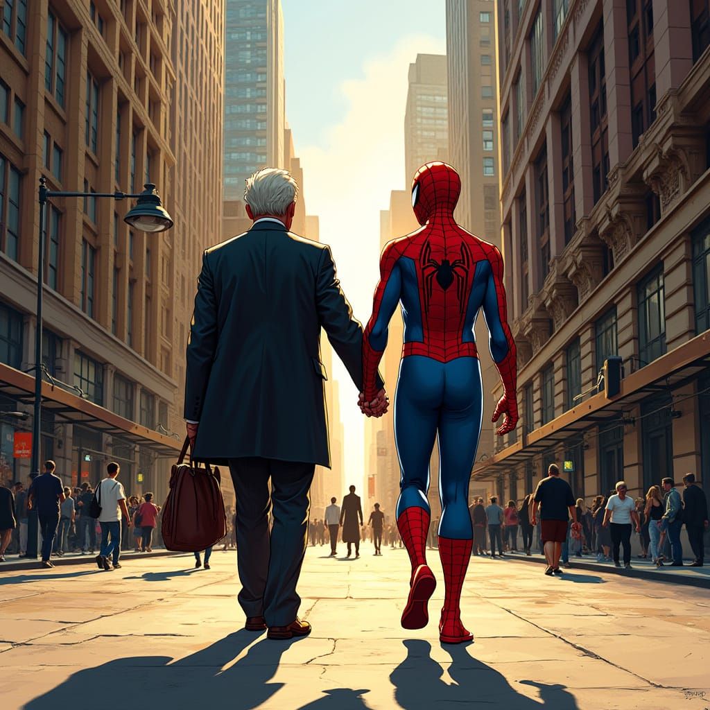 Spiderman Walks with His Dad in a Vibrant City Scene
