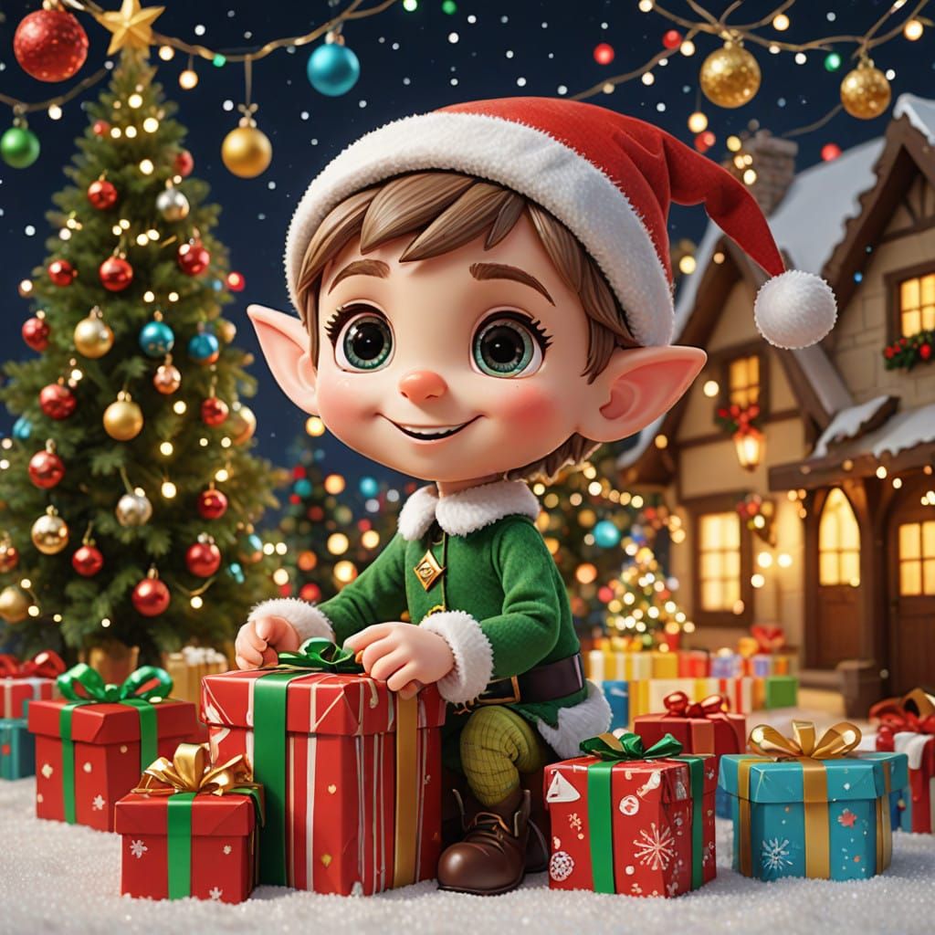 Whimsical Chibi Christmas Elf Unwraps Gifts Under Sparkling....