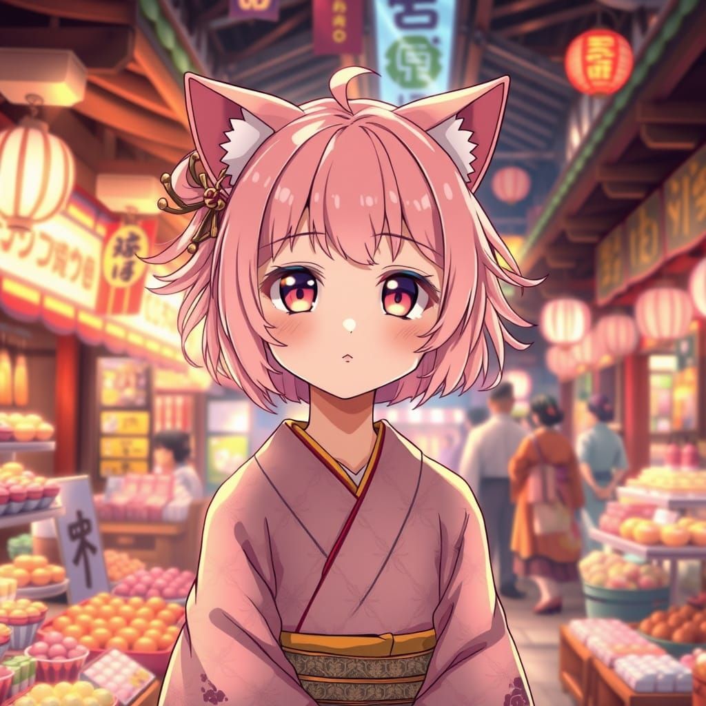 Whimsical Anime Girl in Traditional Kimono Amidst Vibrant Ma...