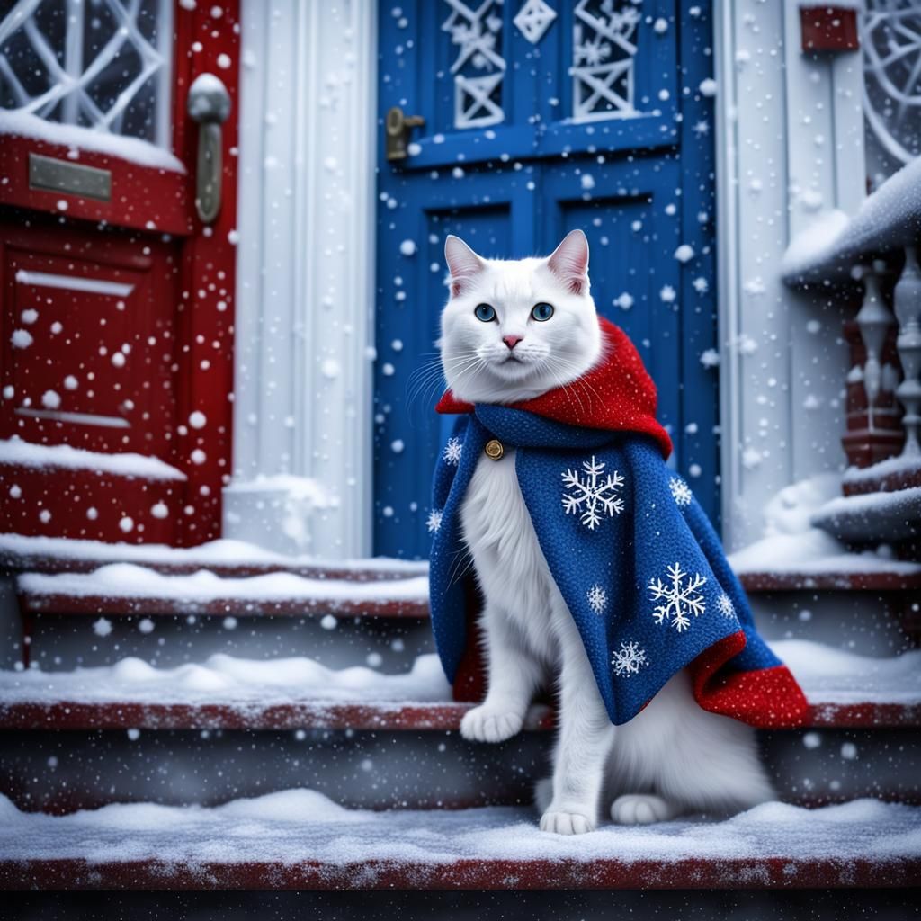 Cute Cat in Wool Coat on Snowy Steps