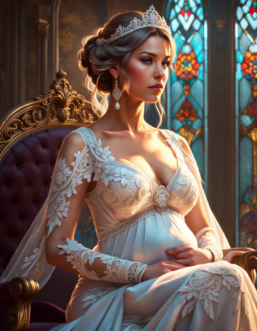 Pregnant Bride in Lace Wedding Dress: Hyperdetailed Portrait