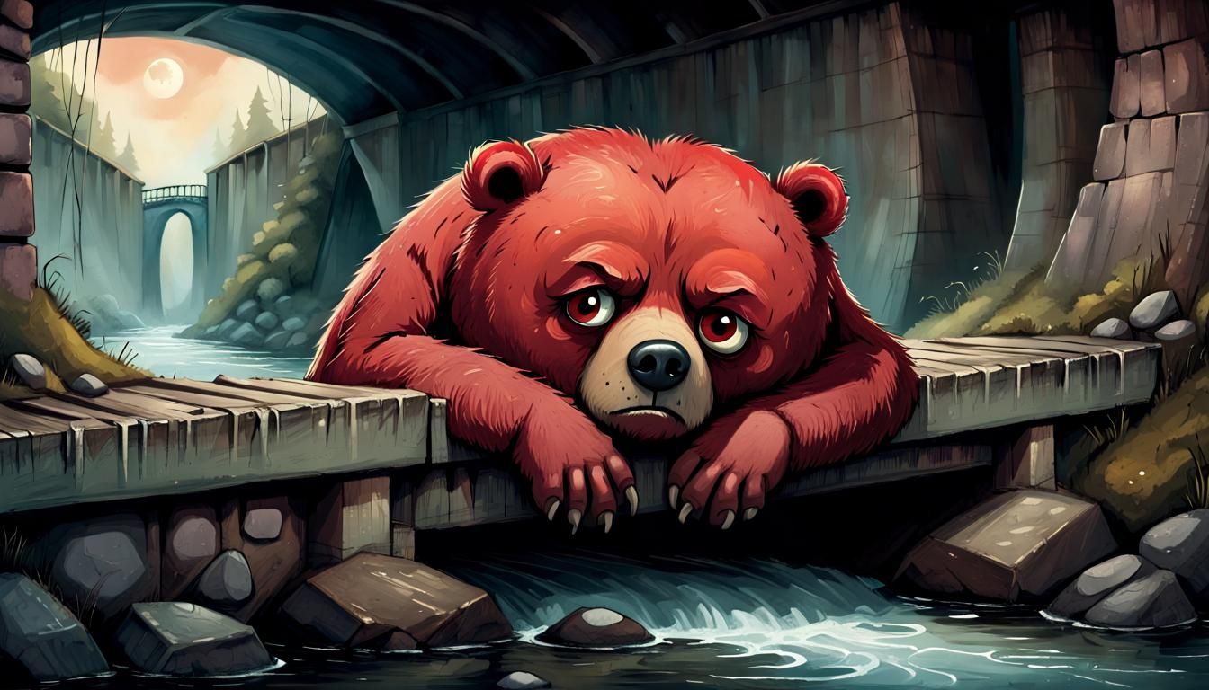 Angry Red Bear Sleeps Under Rustic Bridge