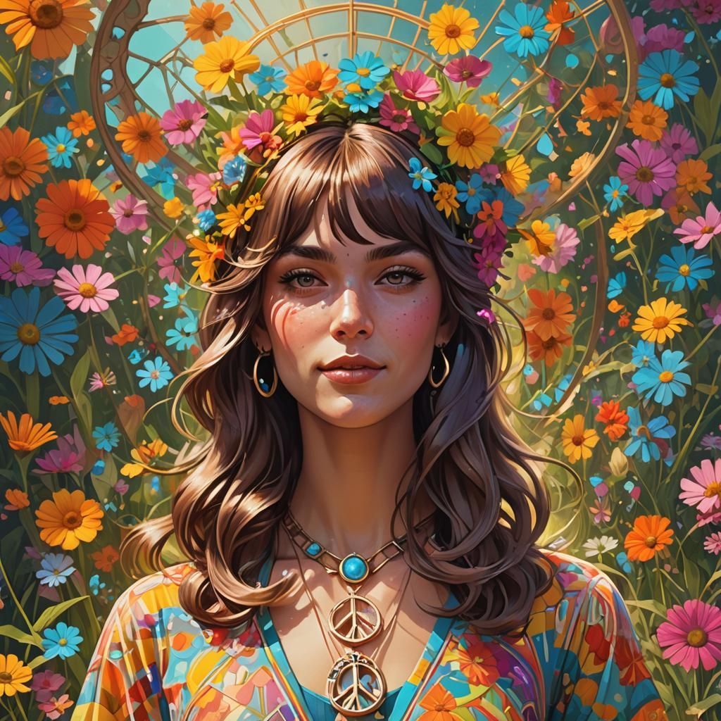 Groovy 60s Girl Portrait with Peace Sign