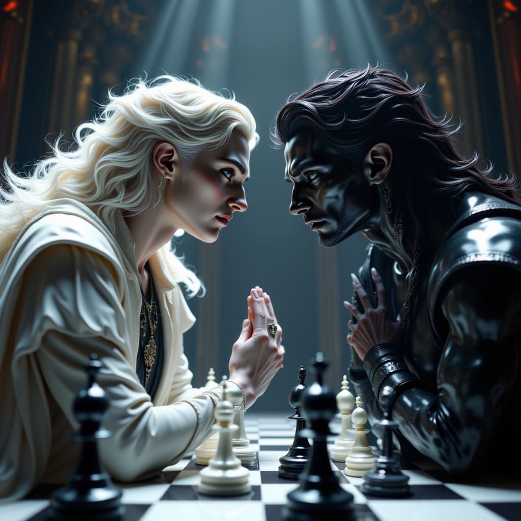 White and Black Queens on Chessboard: Volumetric Lighting