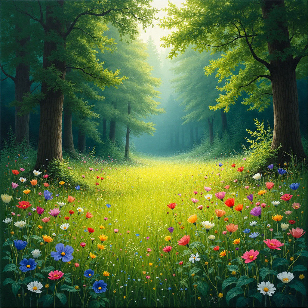 Lush Meadow in Emerald Forest, Old Masters Style