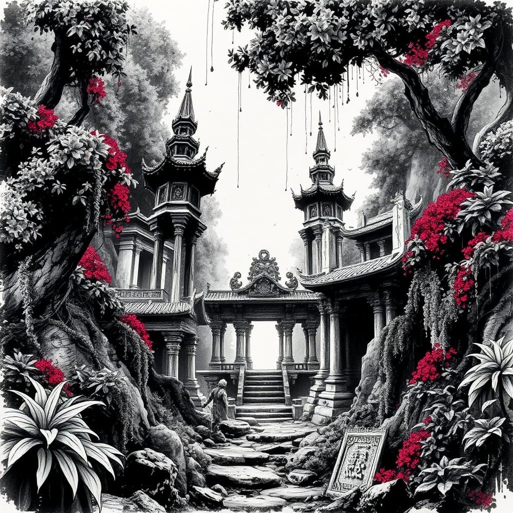 Mystical Ruined Temple in Black and White Ink