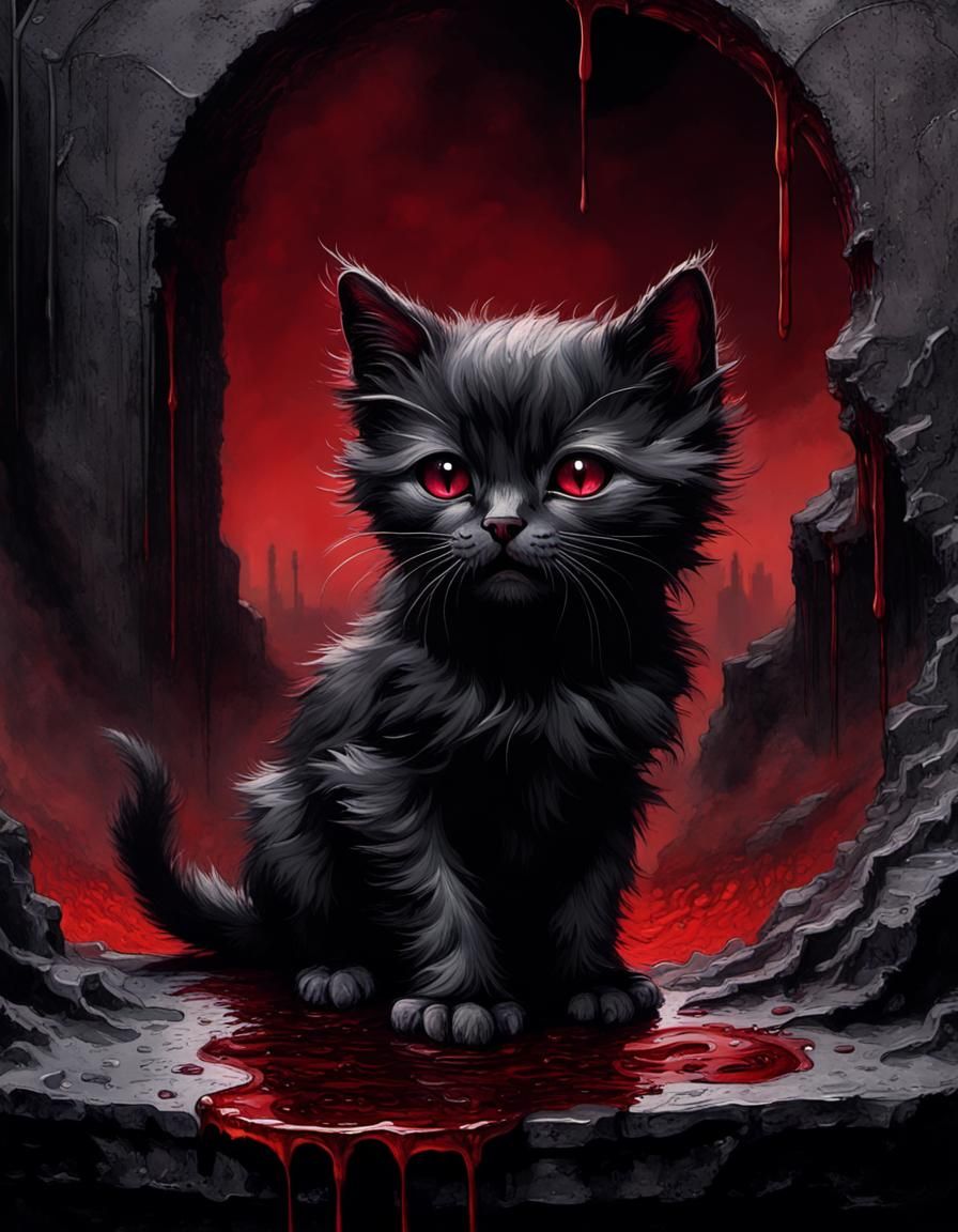 Shadow Kitten Dribbling Lava: A Dark Horror Scene