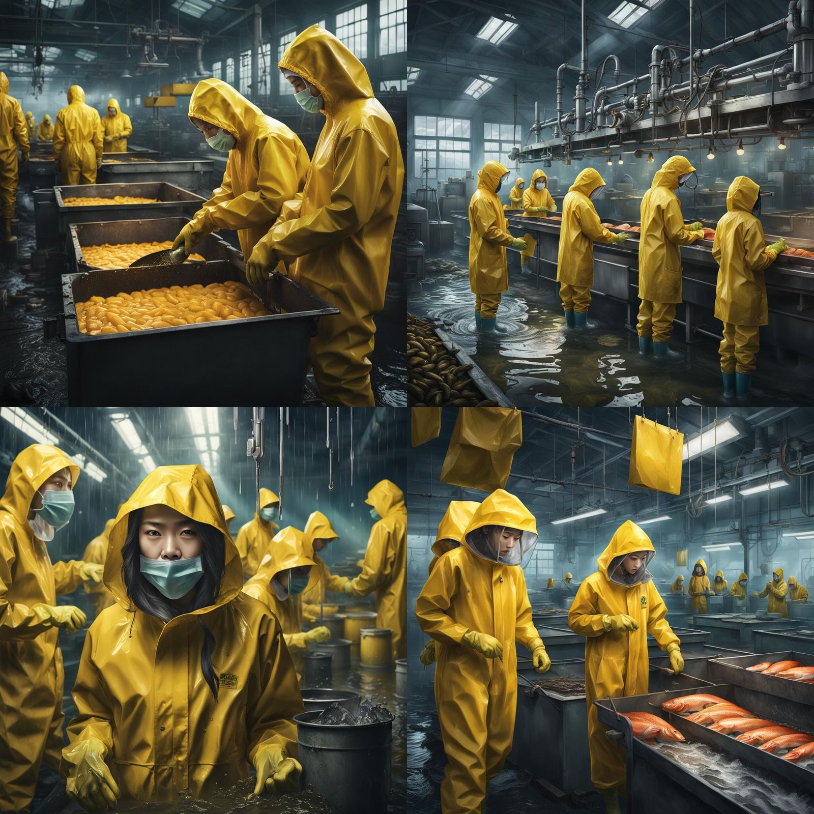 Salmon Factory Workers in Yellow Rain Suits