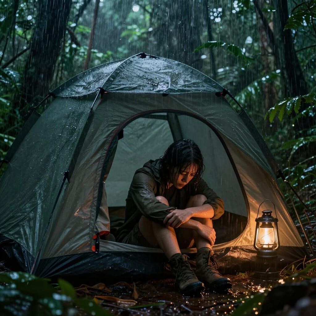 Miserable Rainy Jungle Night in Hyperrealistic Tent