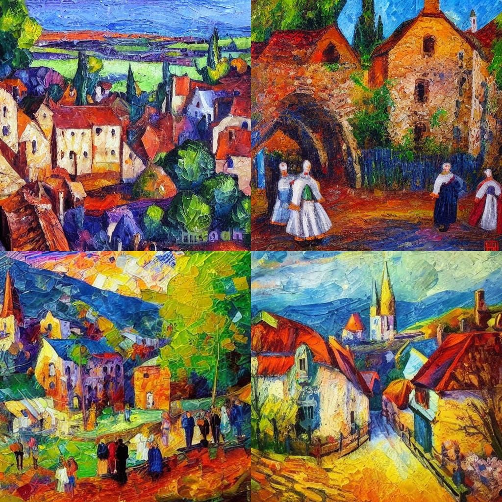 Medieval Village with Morris Dancers in Expressionist Style