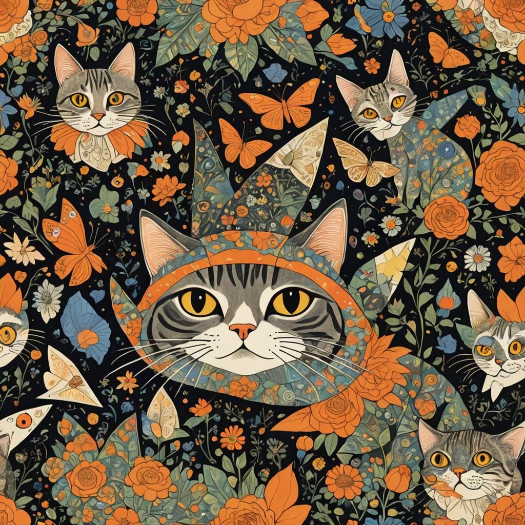 Cat Flying Paper Plane in Textile Lithography Style