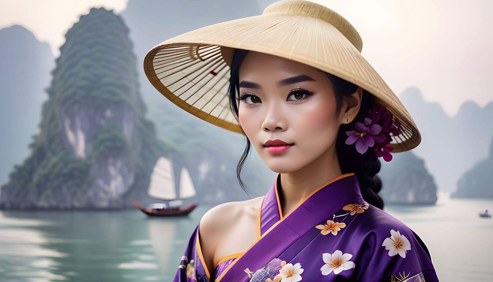 Elegant Vietnamese Woman Embracing Halong Bay in Spring
