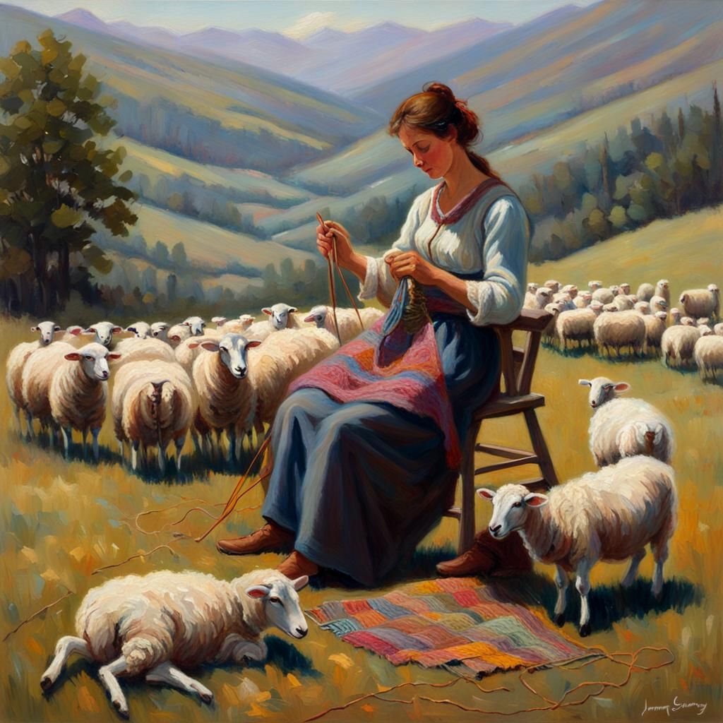 Woman Knitting with Sheep in Oil Painting Style
