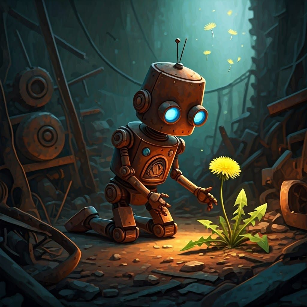 Whimsical Robot Kneels Amidst Vibrant Junkyard Bloom