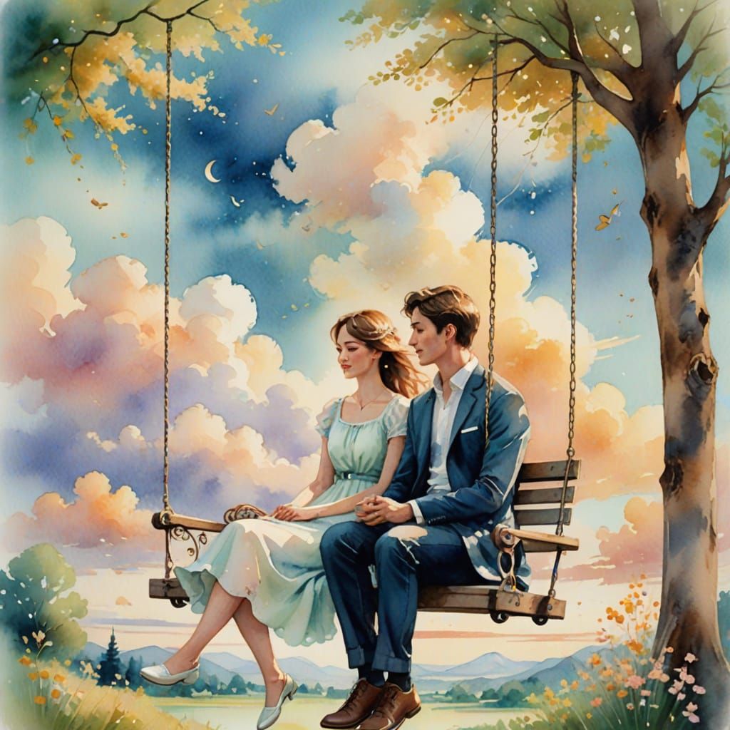 Whimsical Fantasy Couple on a Dreamy Cloud Swing
