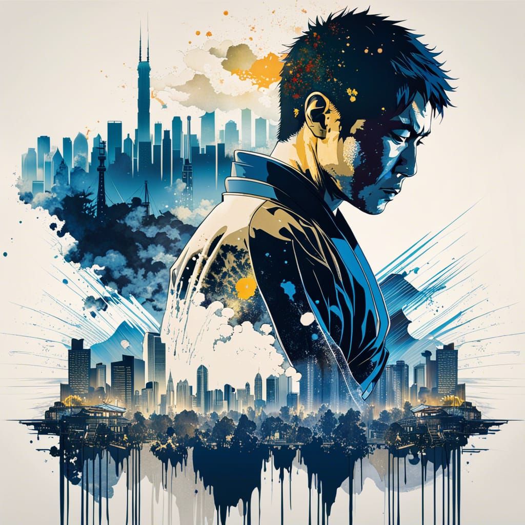 Judoka Double Exposure Portrait with Japanese Skyline