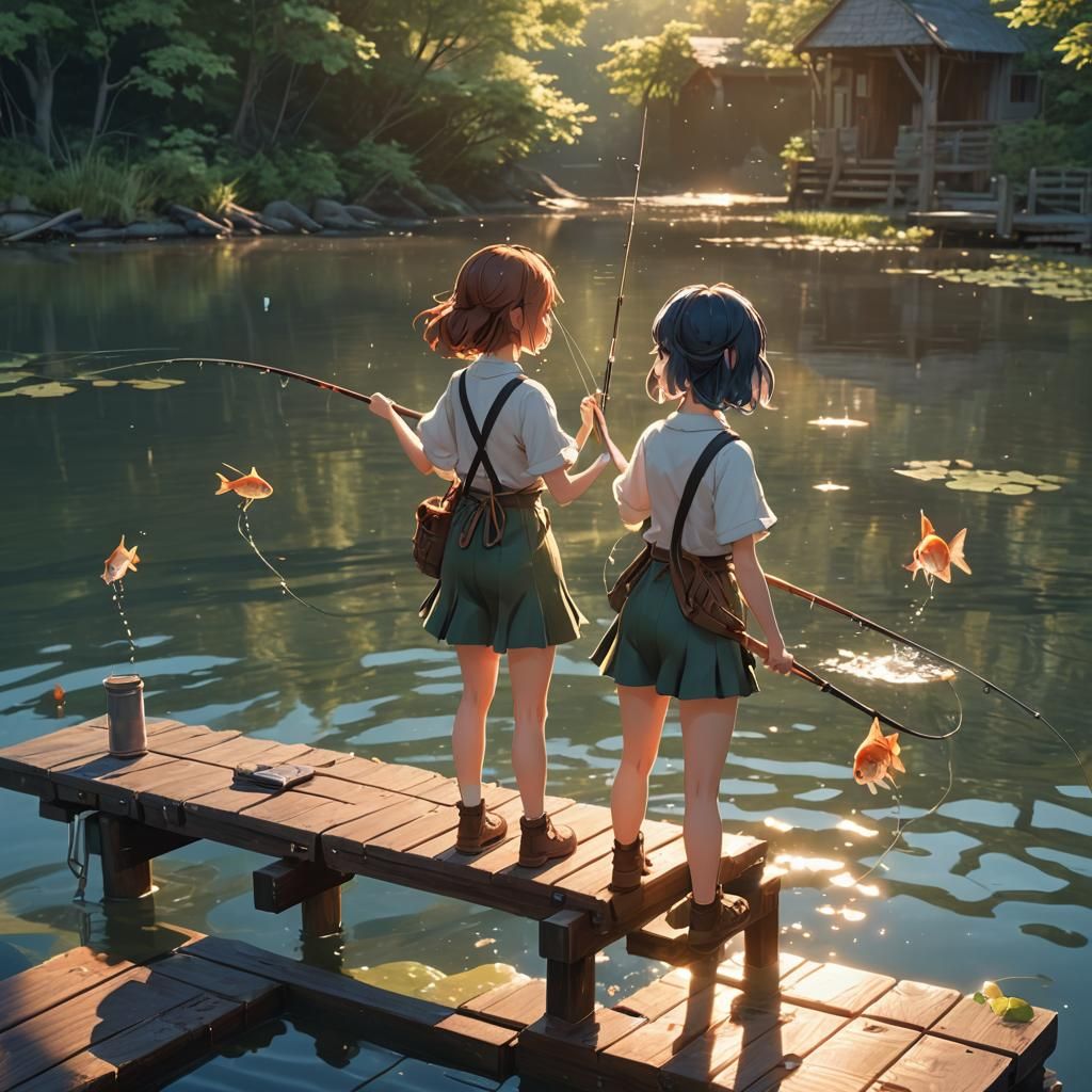 Anime Girls Fishing: Vibrant 3D Rendered Illustration