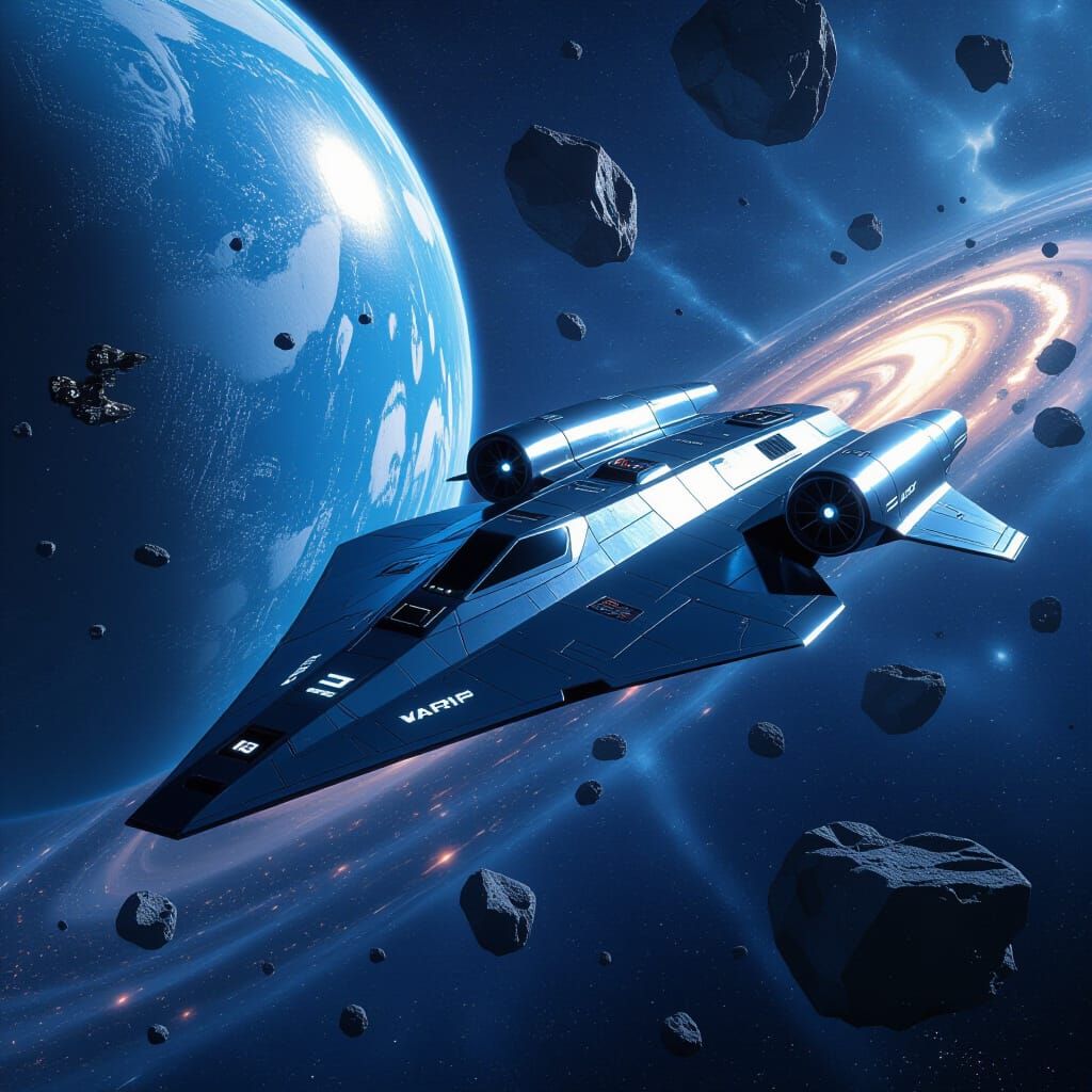 Sleek Arrow Starship Orbiting Blue Planet