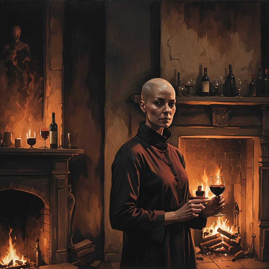 Pensive Woman with Wine by Fireplace