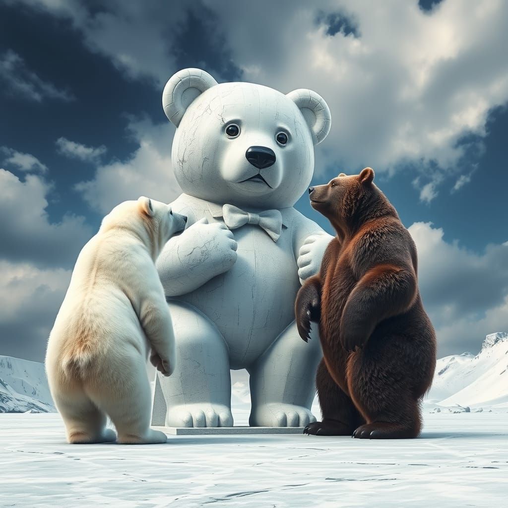 Bears Admire Giant Teddy Statue in Icy Landscape