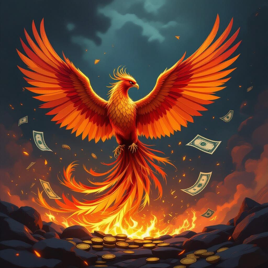 Phoenix Rises from Money & Gold in Epic Fantasy Art