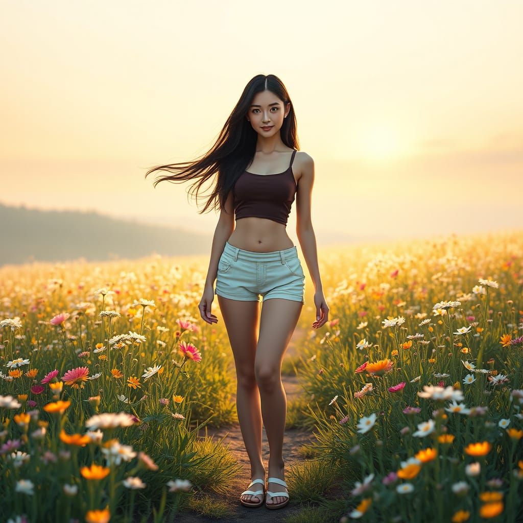 Japanese Woman in Wildflower Field at Dawn