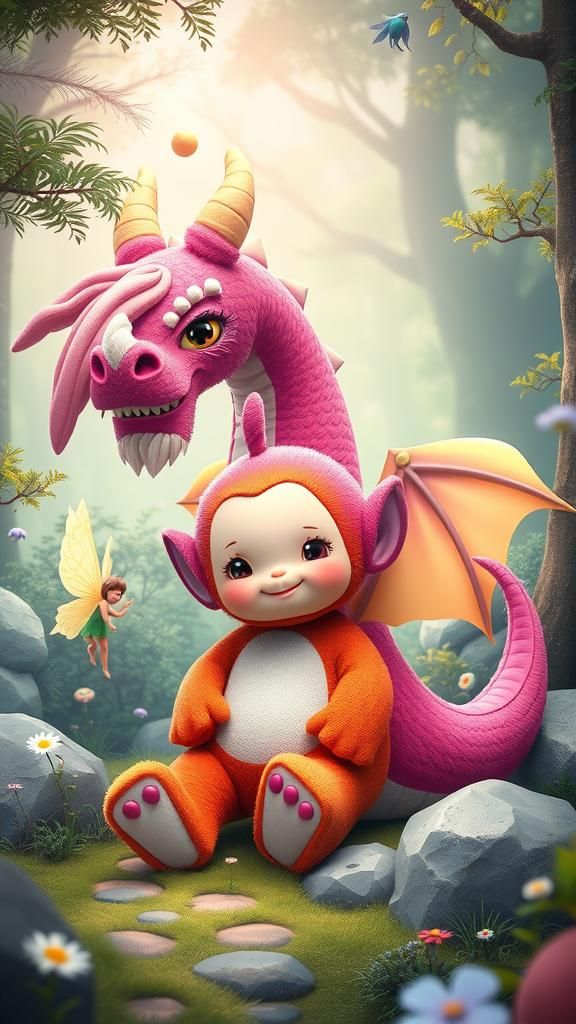 Cartoon Tellytubby and Dragon in Whimsical Forest