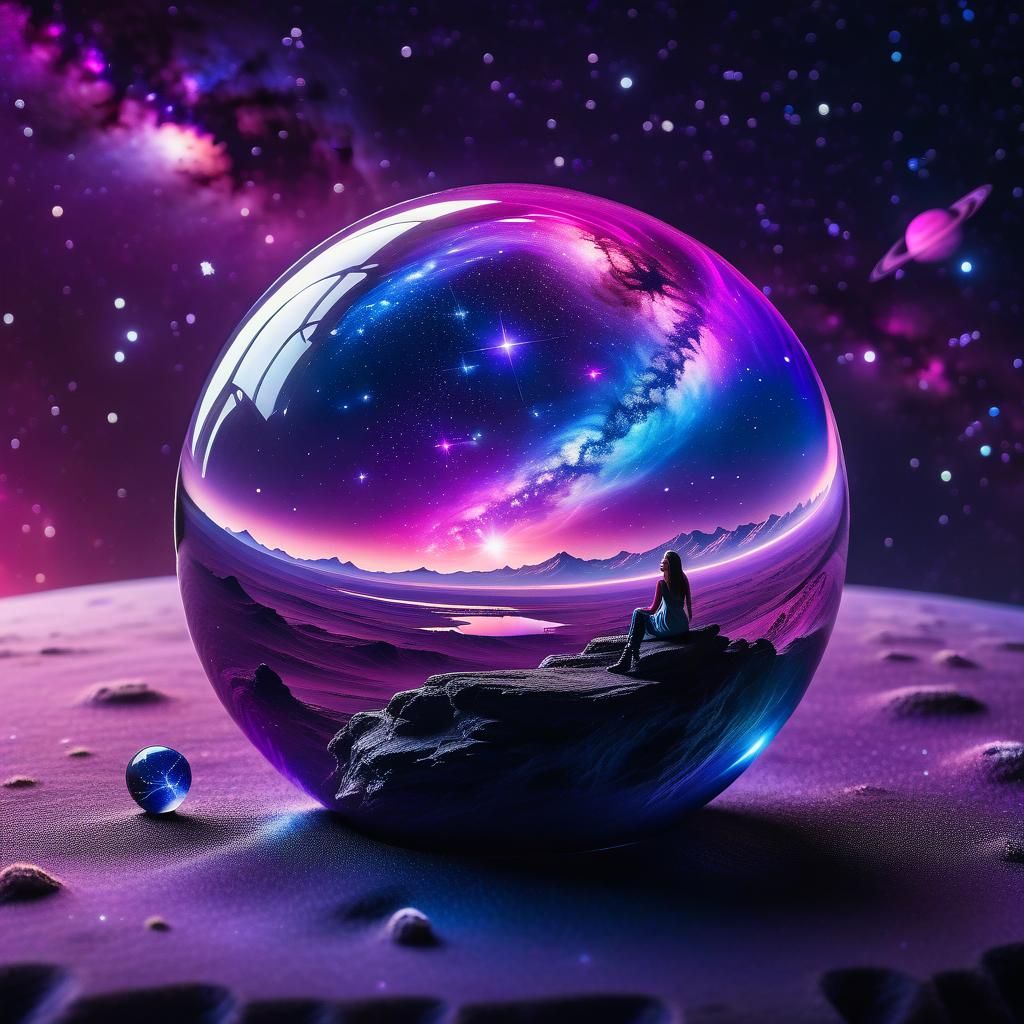 Girl Gazing at Pink and Purple Galaxy in Crystal Ball