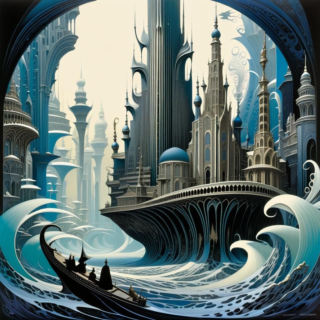 Surreal Underwater City of Merfolk in Chiaroscuro