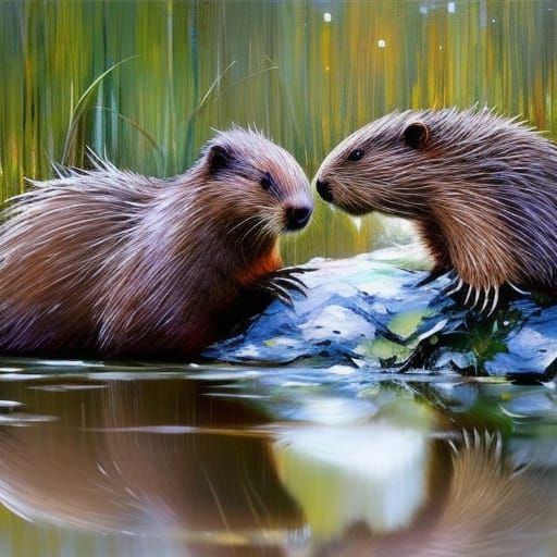 Beaver Family at Dam: Textured Speedpaint