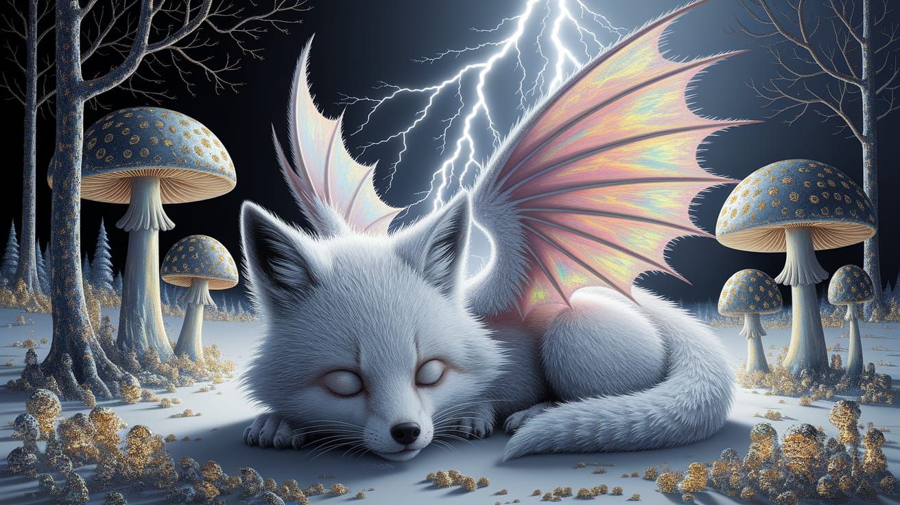 Fox Dragon Hybrid in Snowy Forest Oil Painting