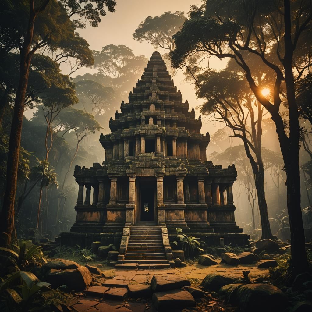 Misty Jungle Temple at Sunset: Cinematic Film Still