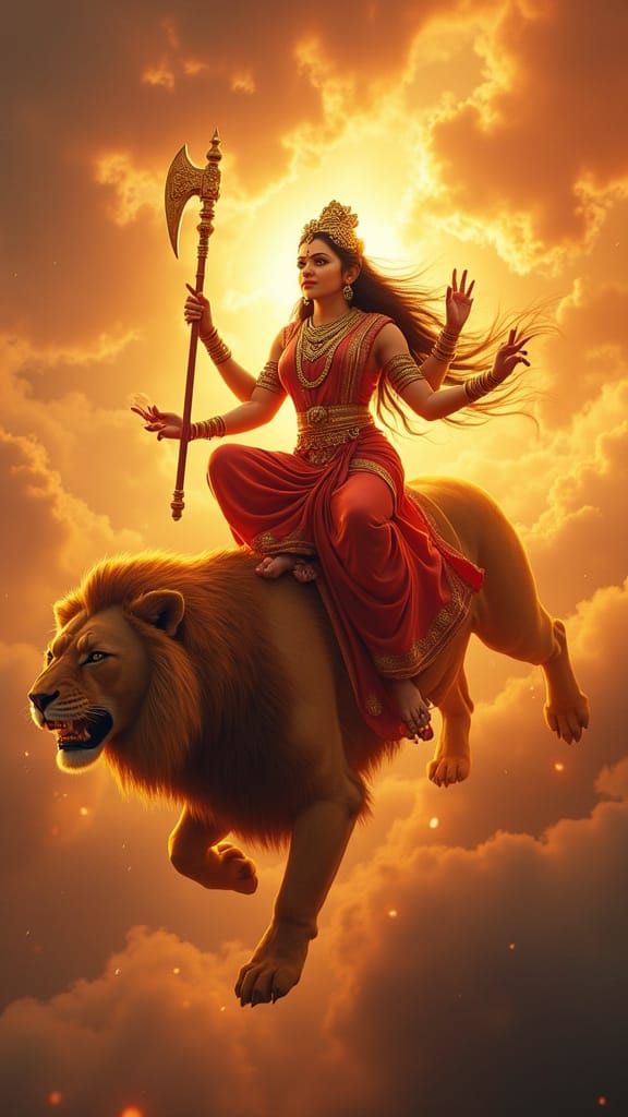 Maa Durga Descends: Digital Art of Goddess on Golden Lion