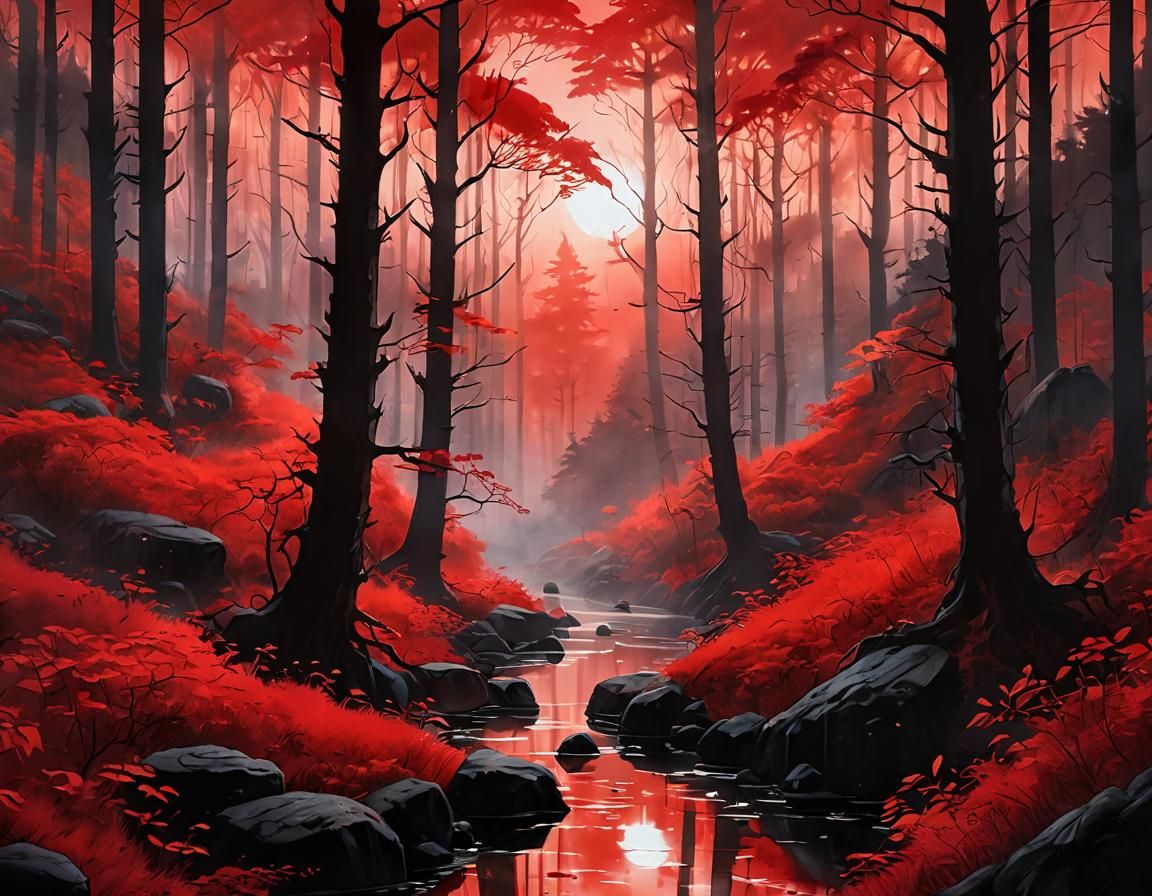 Red Forest in Ink Wash Style