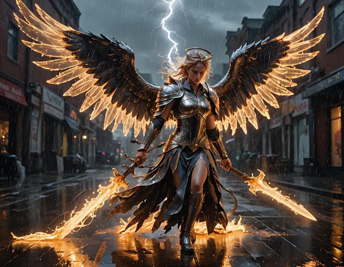 Fallen Angel with Flaming Sword in Rain