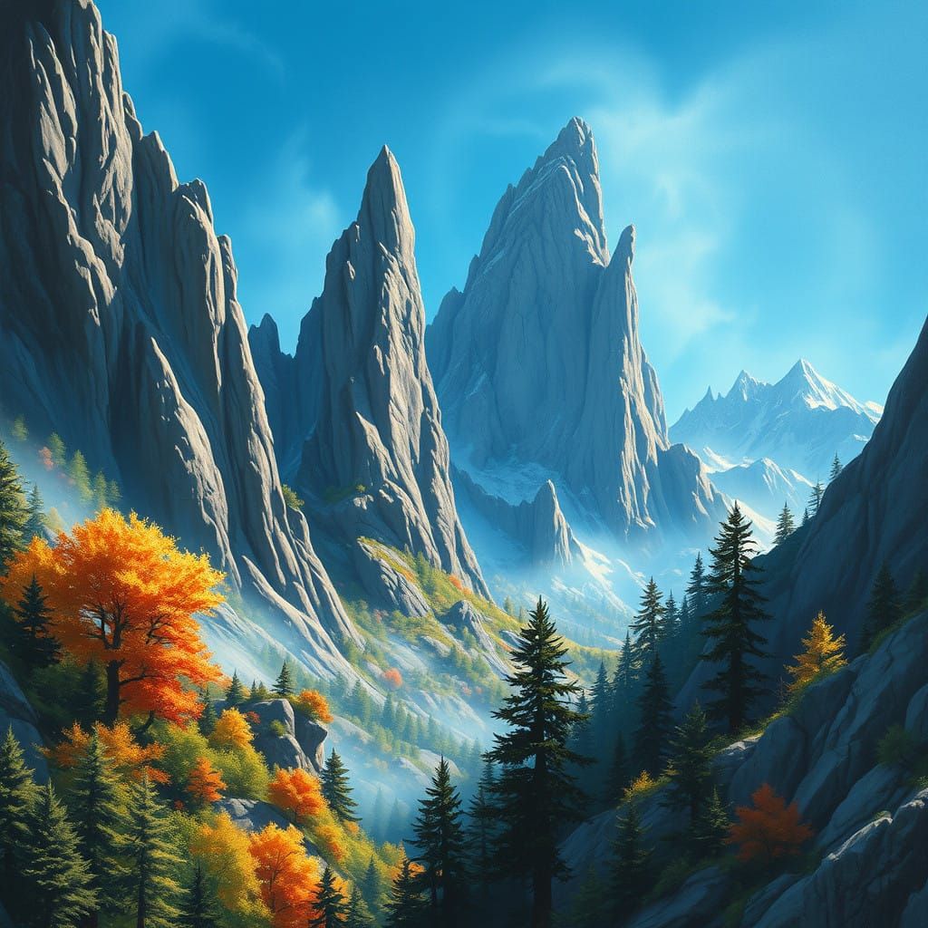 Ethereal Mountainscape with Vibrant Trees in Acrylic Style