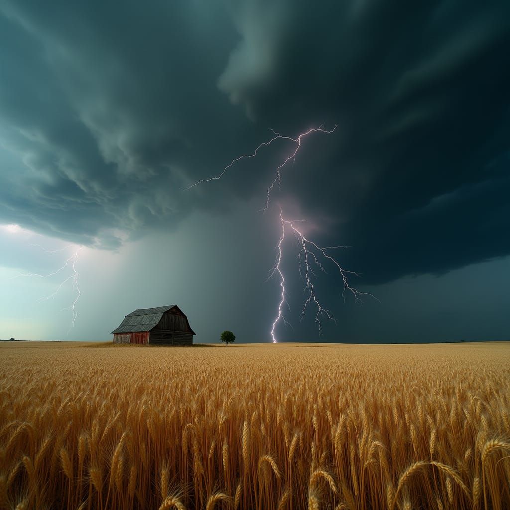 Massive Storm Cell Over Golden Wheat Field with Lightning