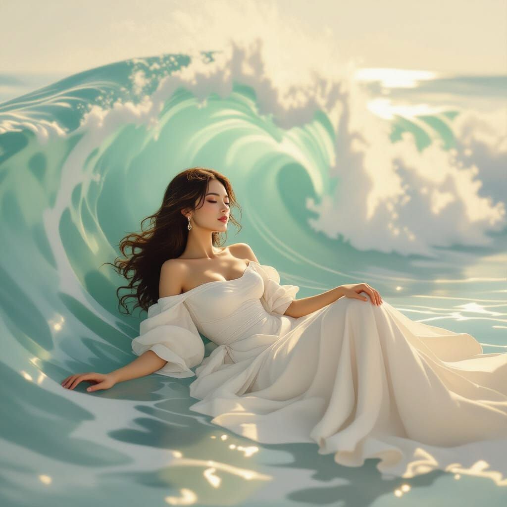 Ethereal Woman in Wave Shadow, Atmospheric Art