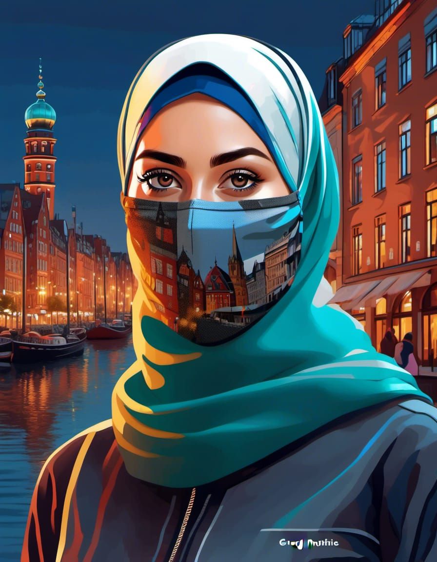 Woman in Hijab and Mask, Oil Painting Style