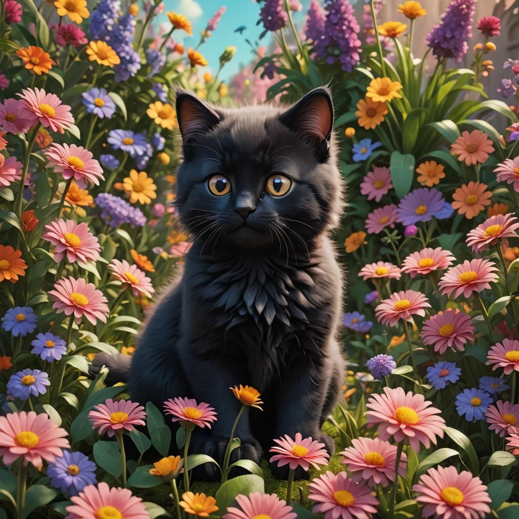 Fluffy Black Kitten in Flower Garden: 3D Digital Art