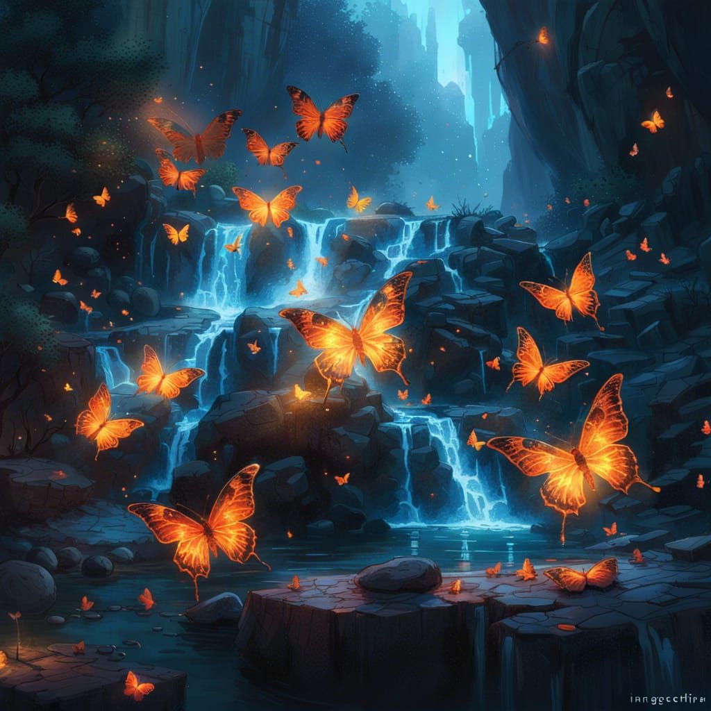 Magical Blue Waterfall with Orange Butterflies