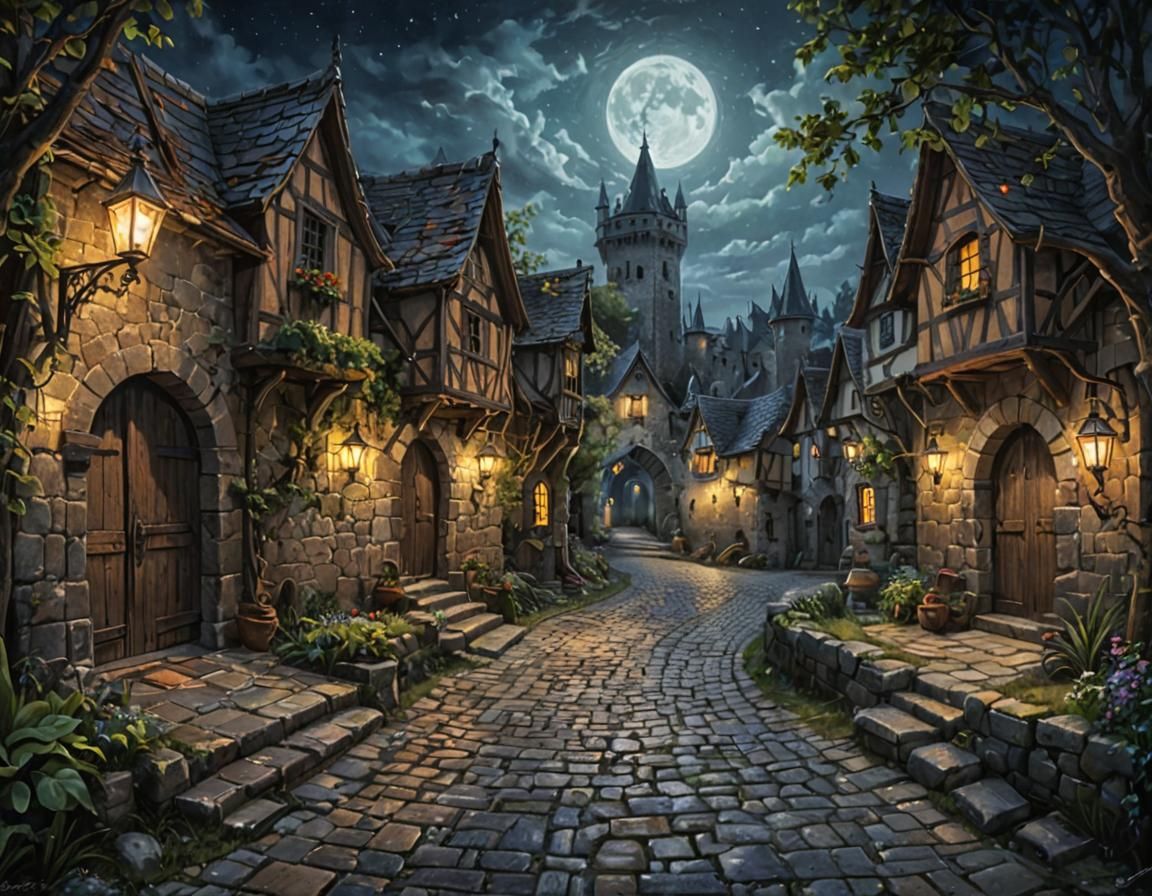 Moonlit Fantasy Village in Acrylic Painting