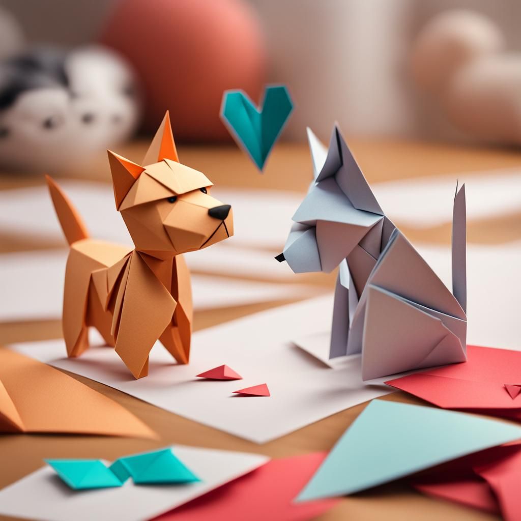 Dog and Cat Saying I Love You in Origami