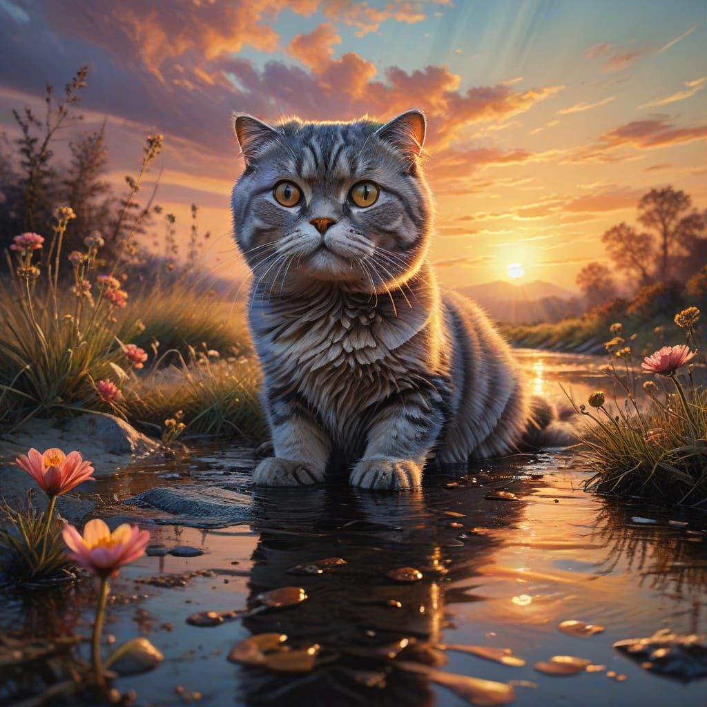 Surrealistic Scottish Fold Cat in Whimsical Highland Landsca...