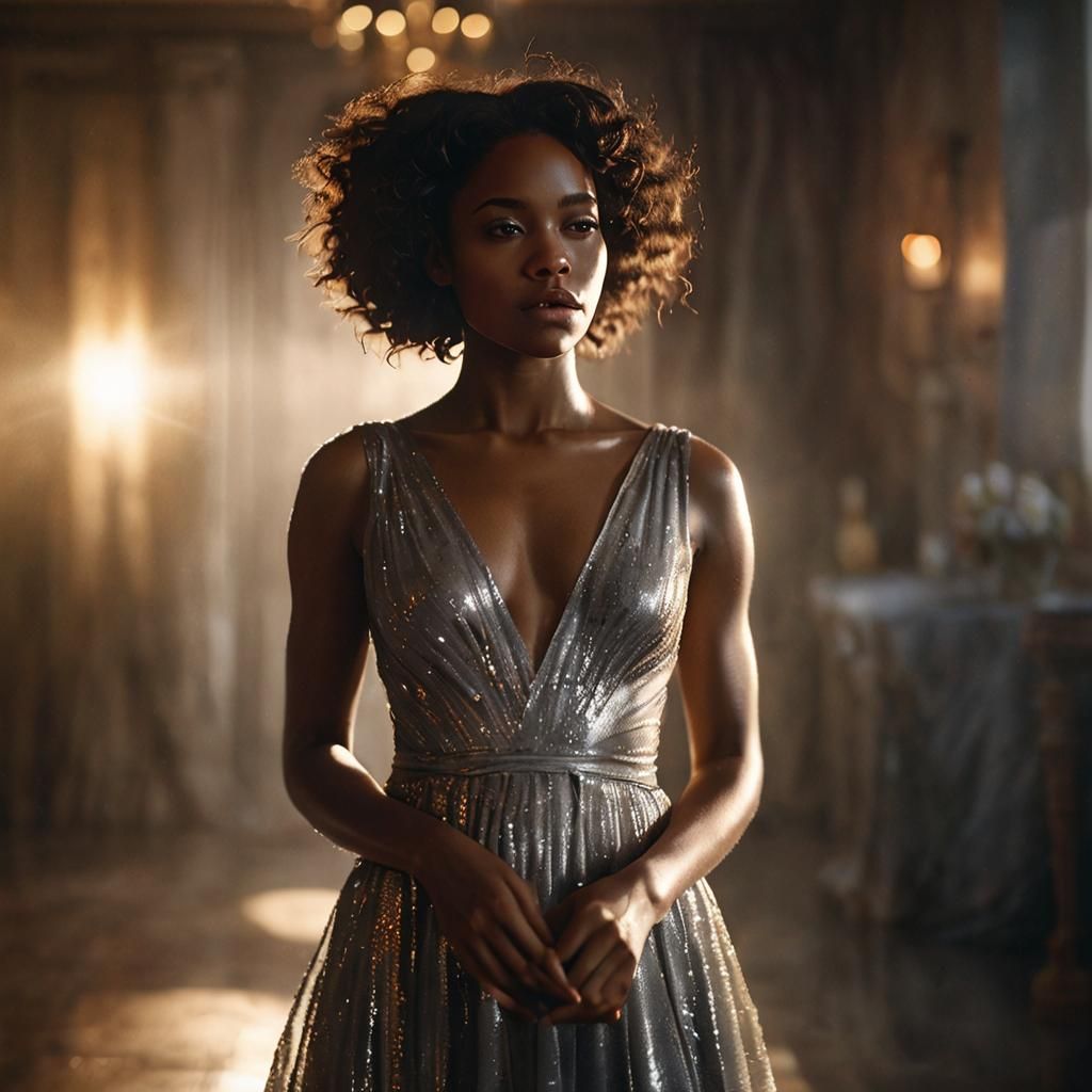 Mysterious Woman in Silver Gown, Cinematic Still