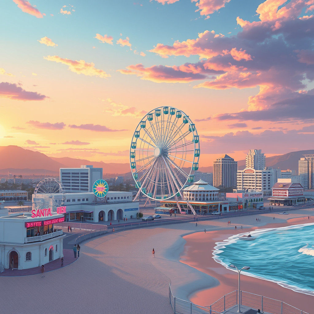 Futuristic Santa Monica Beach Scene in Art Deco Style