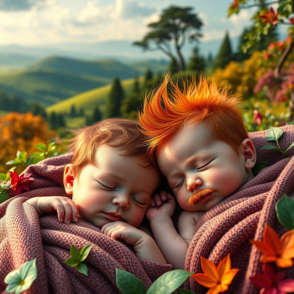 Newborn Babies in Vibrant Fantasy Landscape