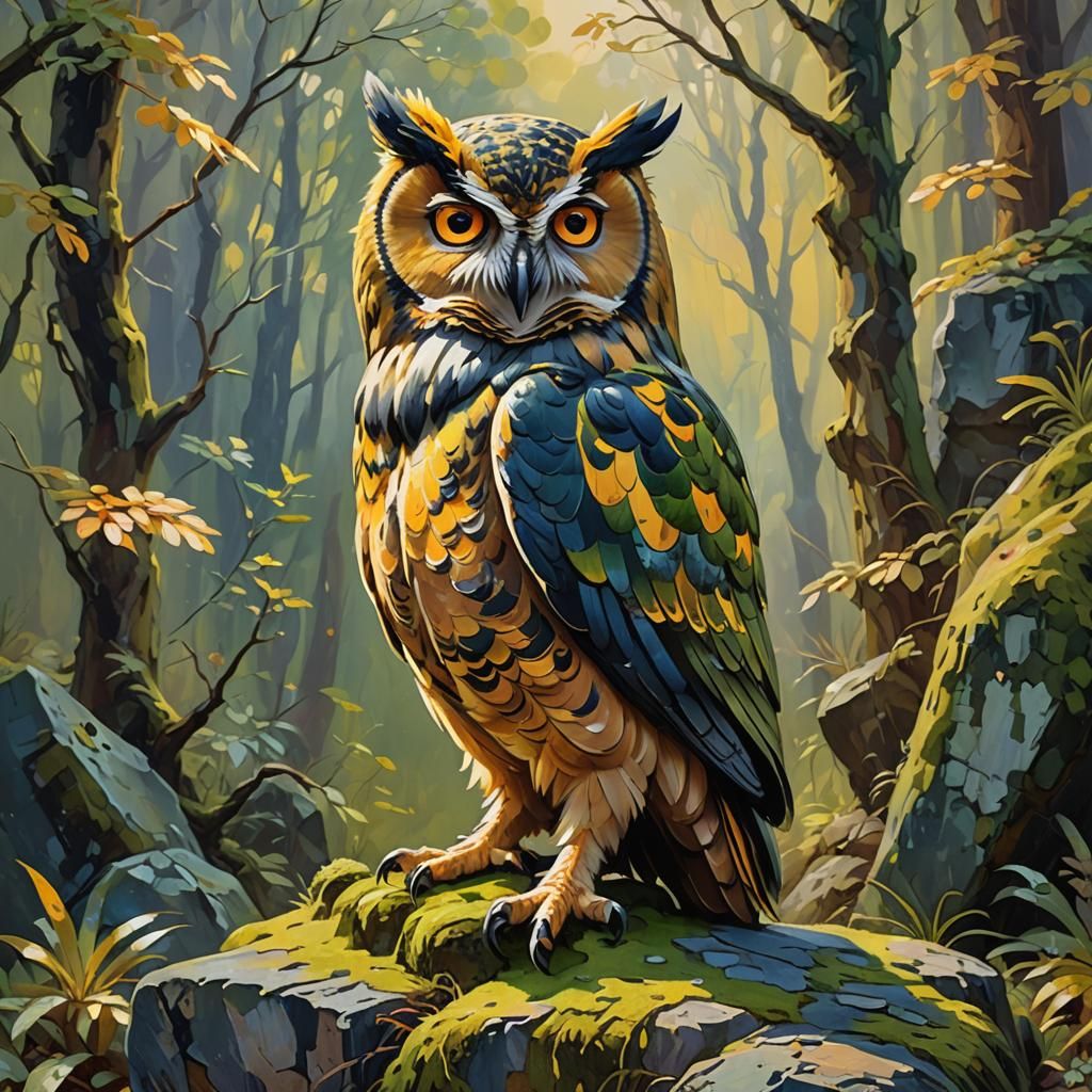 Fauvist Serpentine Stone Owl in Golden Light