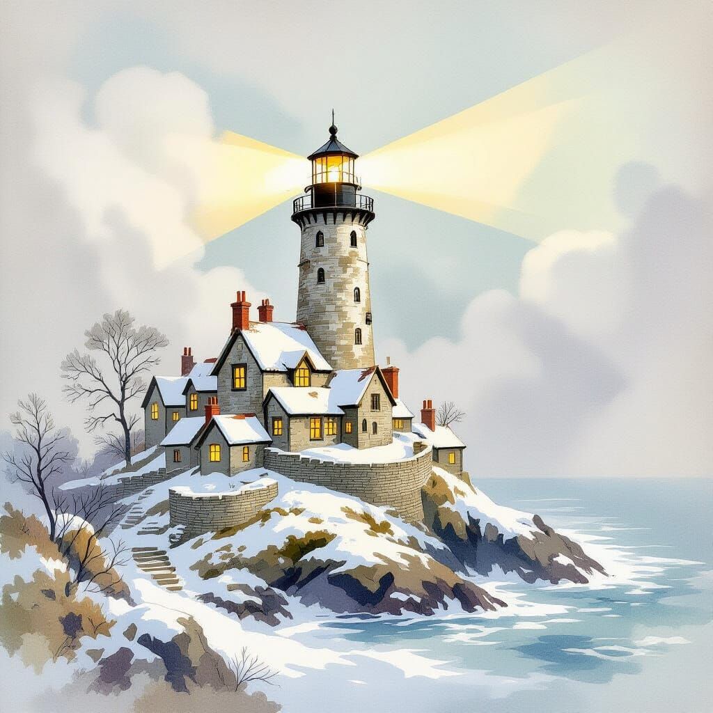 Lighthouse Reveals Medieval Village in Watercolor Style
