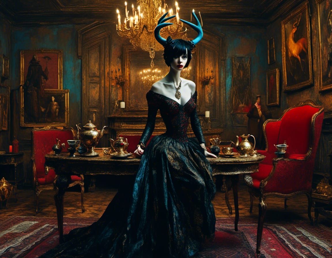 Antlered Woman Drinks Tea in Jewel-Toned Interior